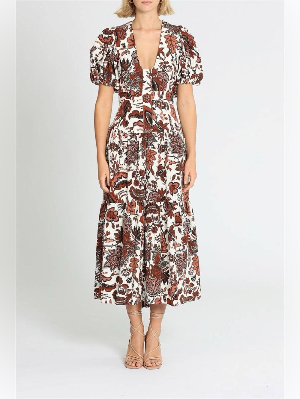 Shona Joy‎ Plunged Puff Sleeve Midi Dress Catalina Floral 4 Cotton Summer Dress
